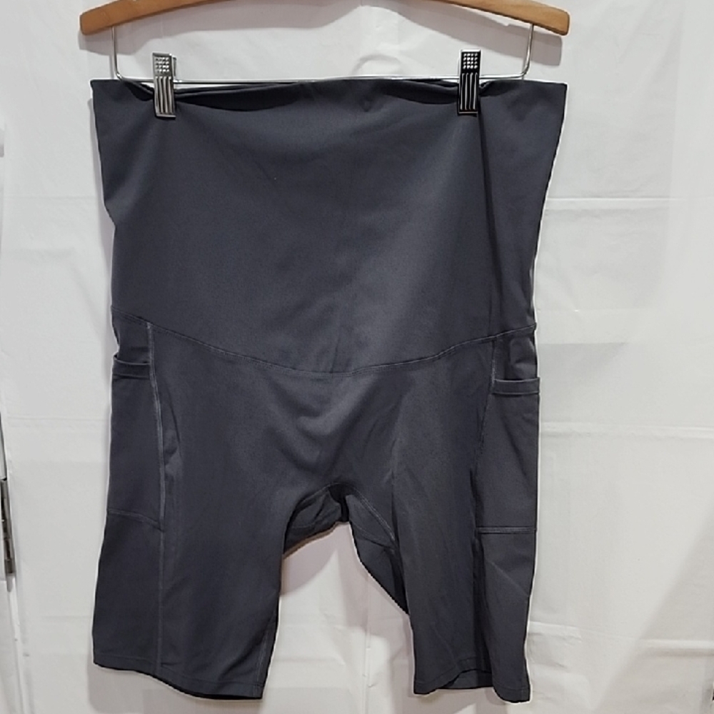 Grey High-Waisted Bike Shorts with Compression Fit-maternity